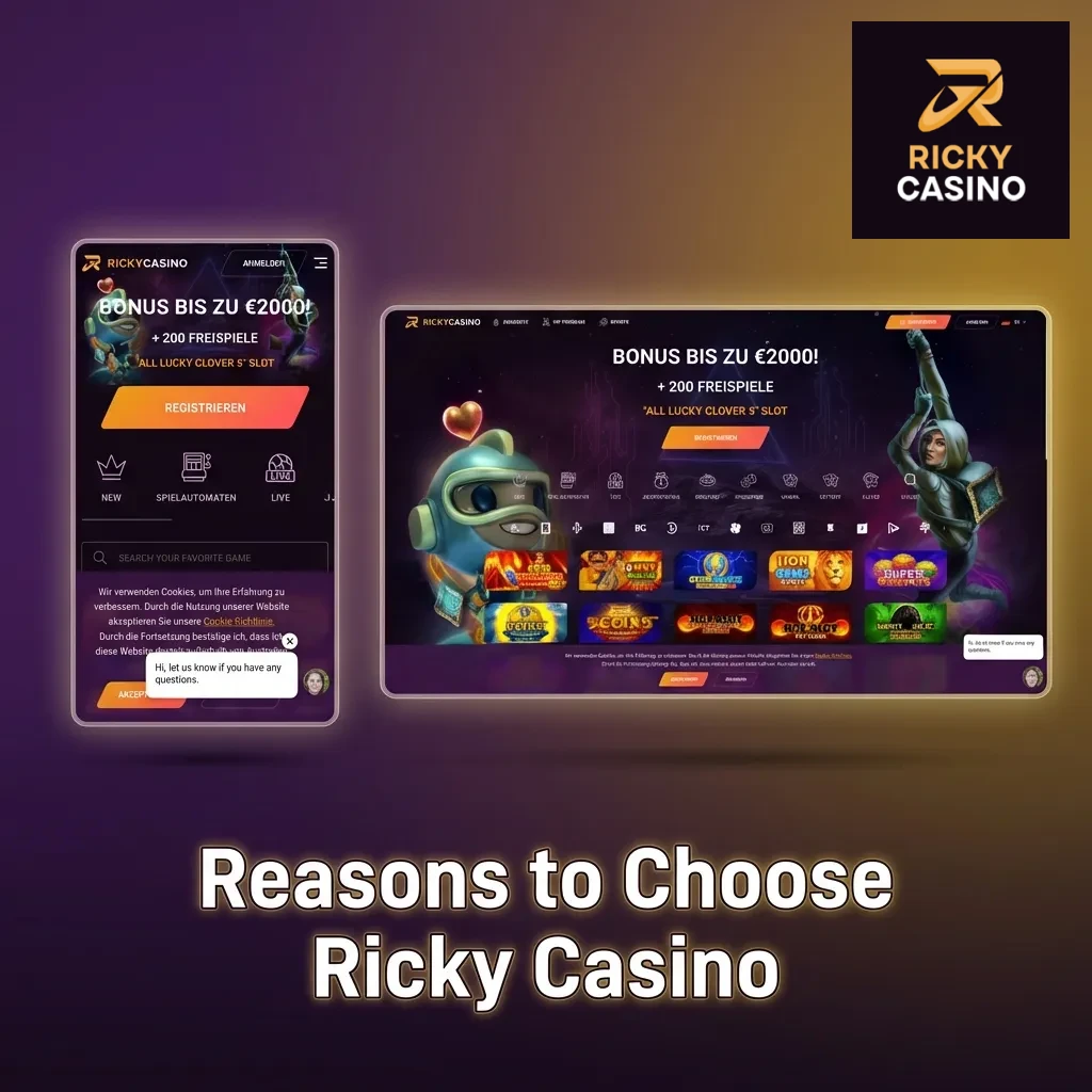 Ricky Casino features list showing crypto payments, welcome bonus, live sports betting, mobile apps, and licensing info
