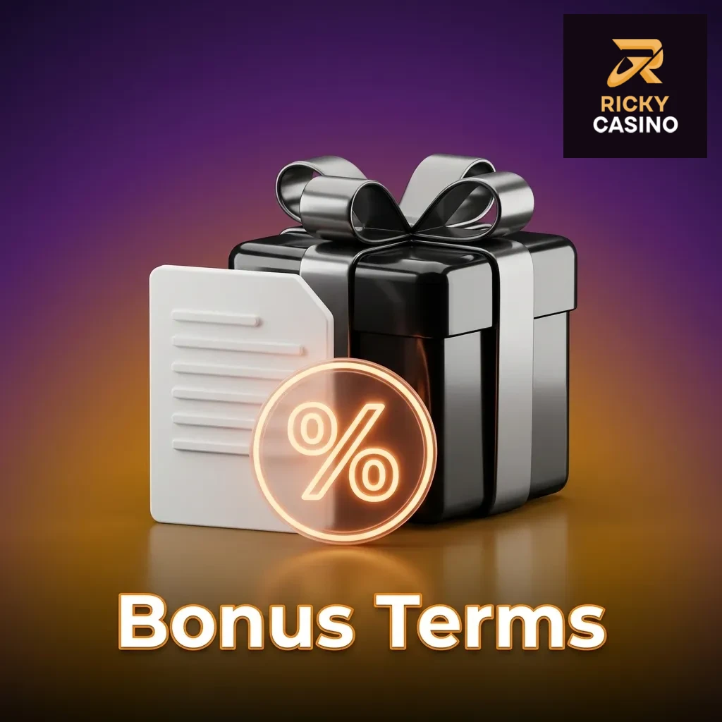 Ricky Casino bonus terms document showing wagering requirements, deposit limits, and game restrictions for promotions