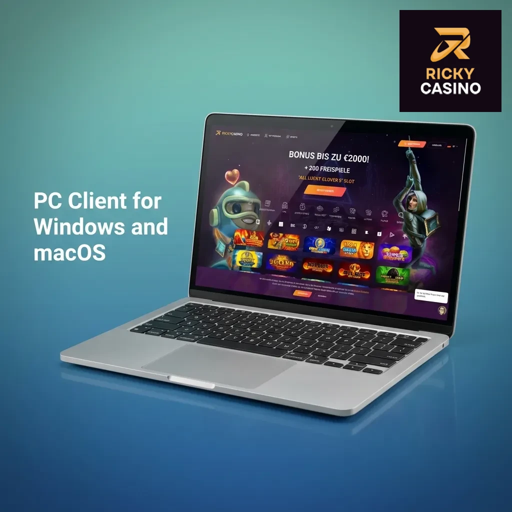 Browser-based Ricky Casino interface on desktop showing betting and pokies games accessible via Chrome, Firefox, Safari, or Edge
