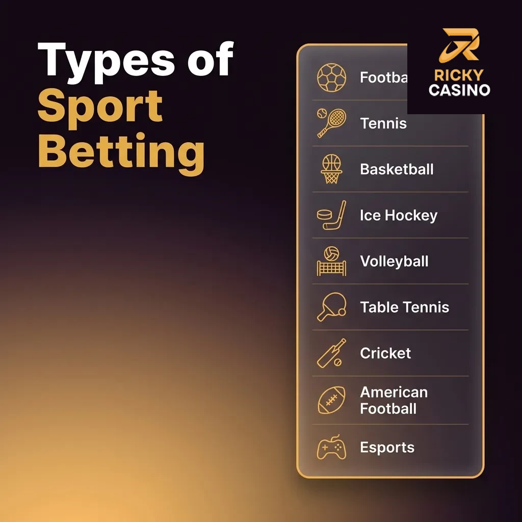 Sports betting interface showing AFL, NRL, cricket, horse racing, and tennis wagering options at Ricky Casino